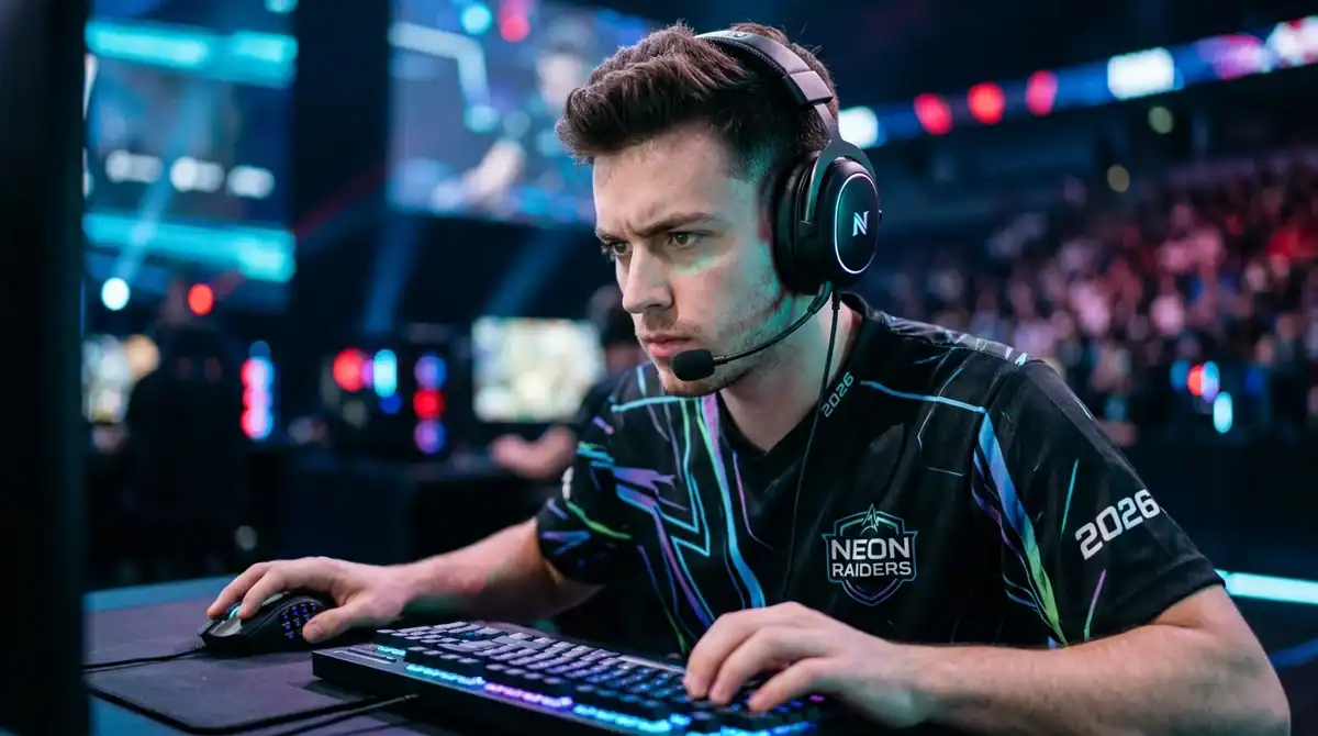 Joueur pro d'ESport concentré en 2026, illustrant les salaires et revenus du milieu du gaming professionnel.