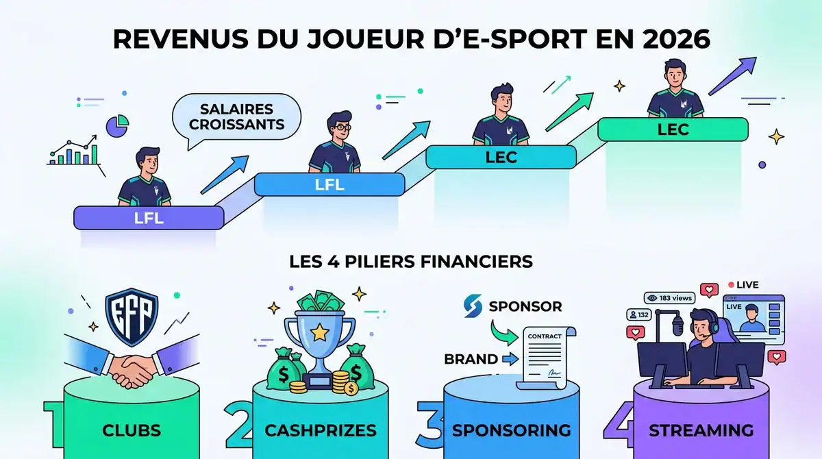 Infographie des revenus d'un joueur pro e-sport en 2026 : salaires LFL/LEC, sponsoring, cashprizes et streaming.