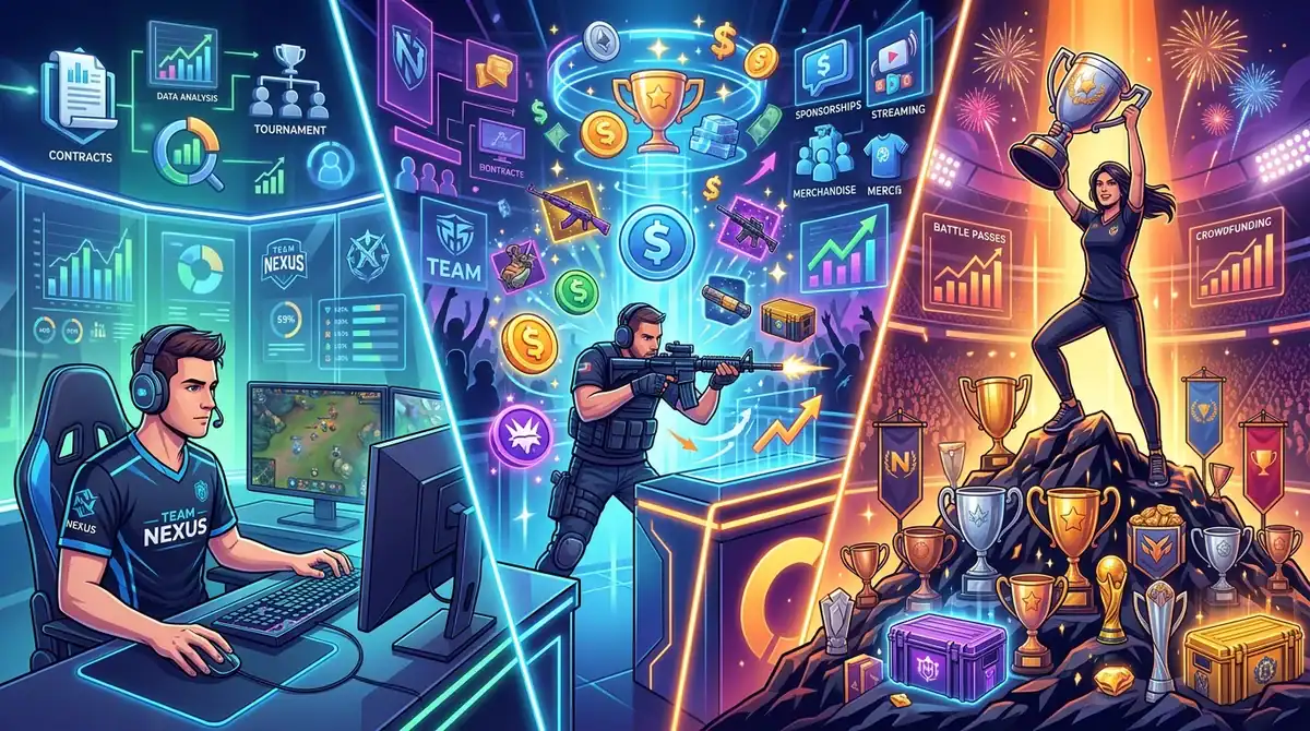 Illustration des revenus et salaires d'un joueur pro esport en 2026 avec graphiques financiers.