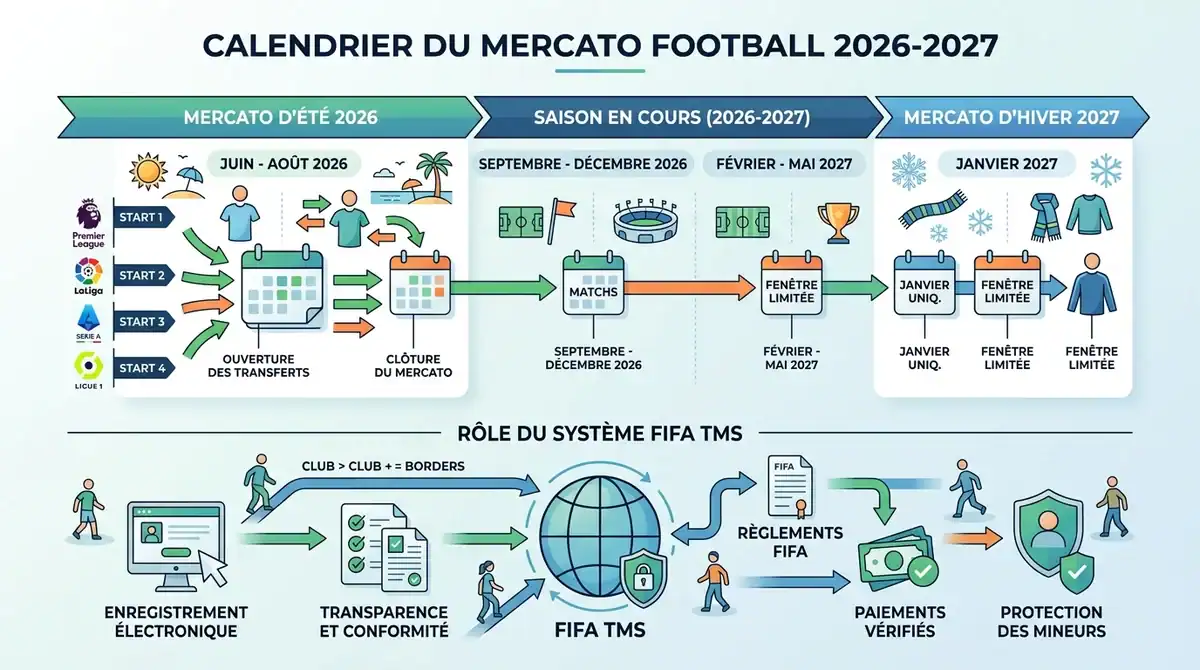 Infographie du calendrier mercato football 2026-2027 avec dates clés des championnats et système FIFA TMS.