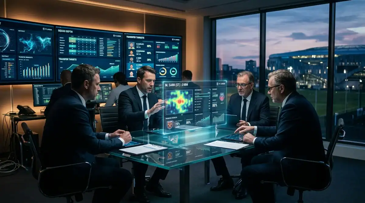 Analyse technologique des données du mercato football 2026-2027 dans un bureau de direction moderne avec vue sur stade.