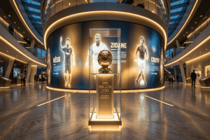 Guide complet du Ballon d'Or de 1956 à 2025 avec le trophée mis en majesté.