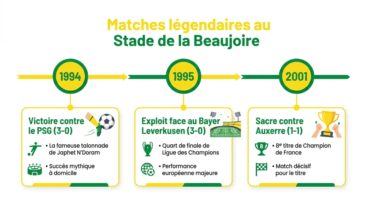 Infographie des matchs historiques du FC Nantes au Stade de la Beaujoire entre 1994 et 2001.