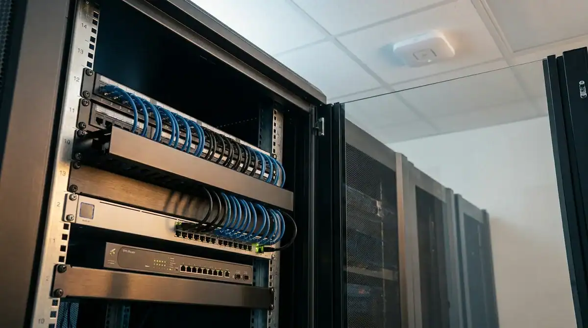 Baie de brassage serveur organisée avec point d'accès Wi-Fi TP-Link Omada pour un réseau professionnel SDN performant.