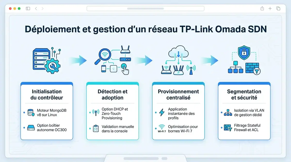 Infographie expliquant les etapes de deploiement et de securisation d un reseau TP-Link Omada SDN.