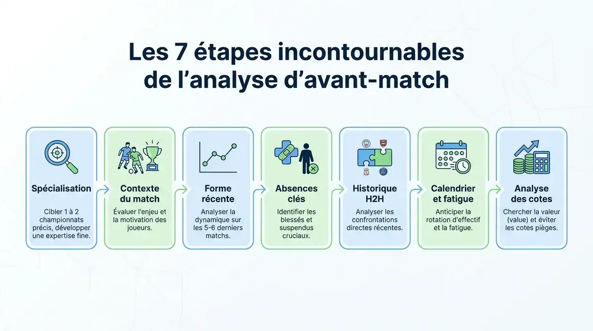 Infographie detaillant les 7 etapes de l analyse d avant-match pour les pronostics sportifs dans le football.