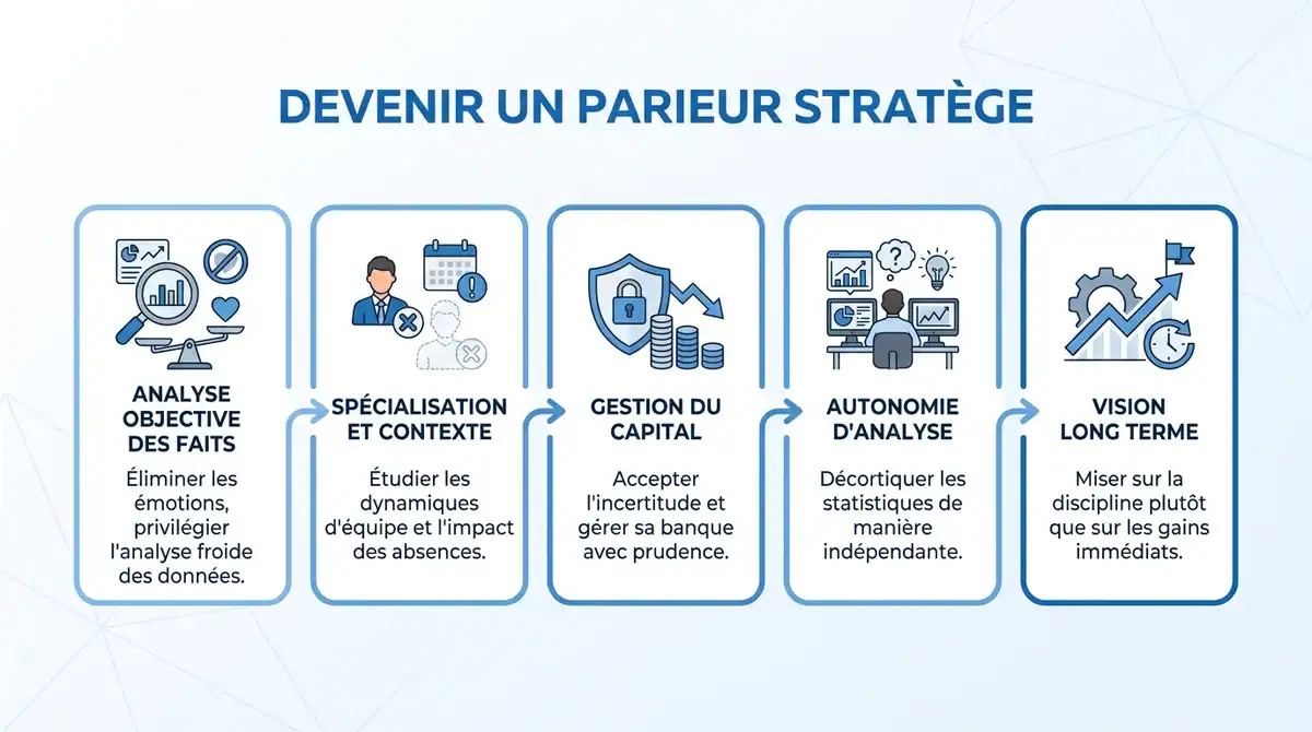 Infographie synthétisant la méthode en 5 étapes pour devenir un parieur foot stratège et discipliné.
