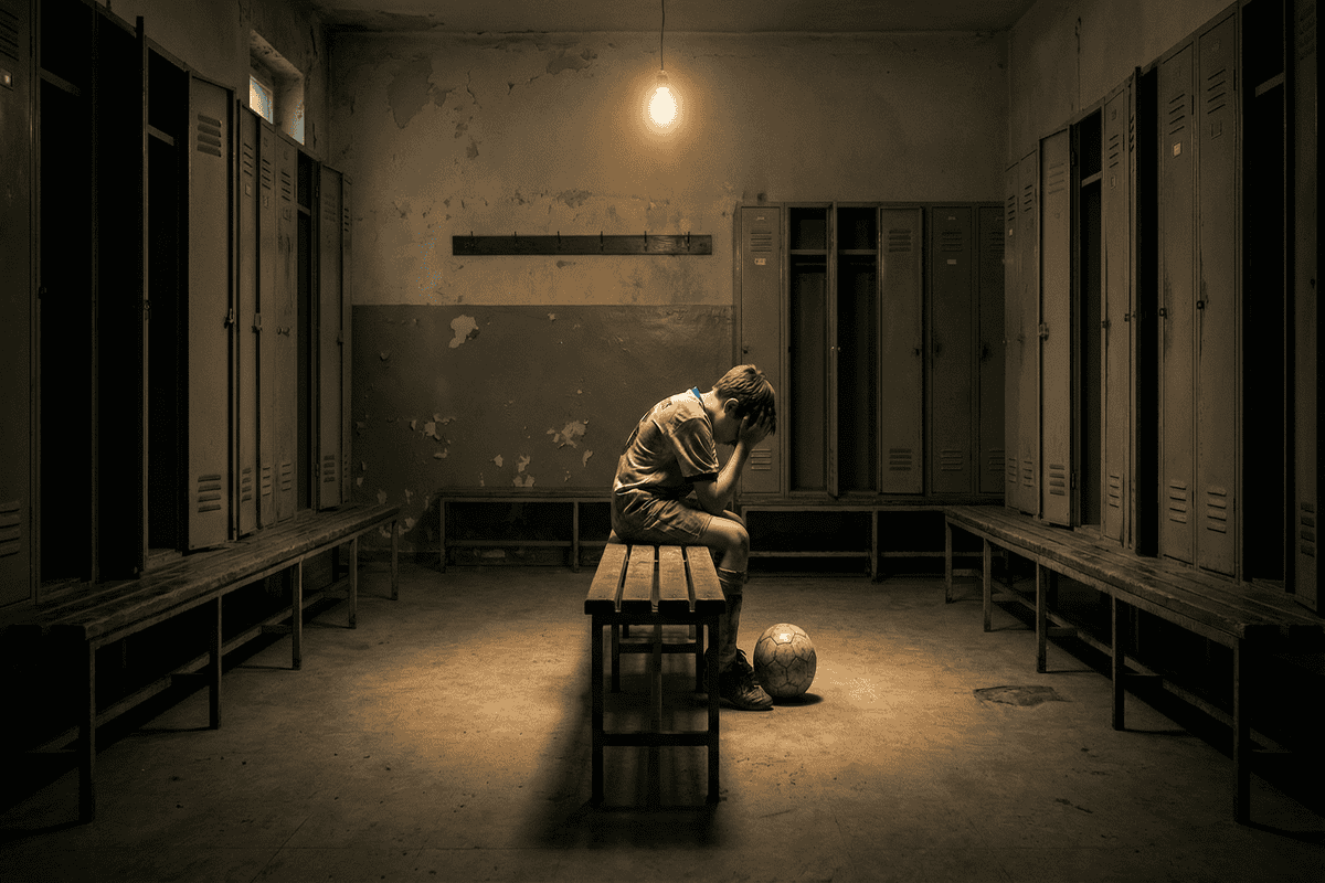 Jeune garçon seul et triste dans un vestiaire de football, illustrant l'épuisement mental.