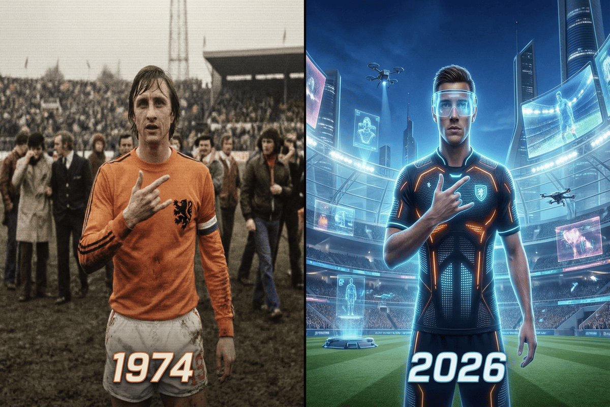 Comparaison visuelle entre le football total des années 70 et le 4-3-3 moderne de 2026.