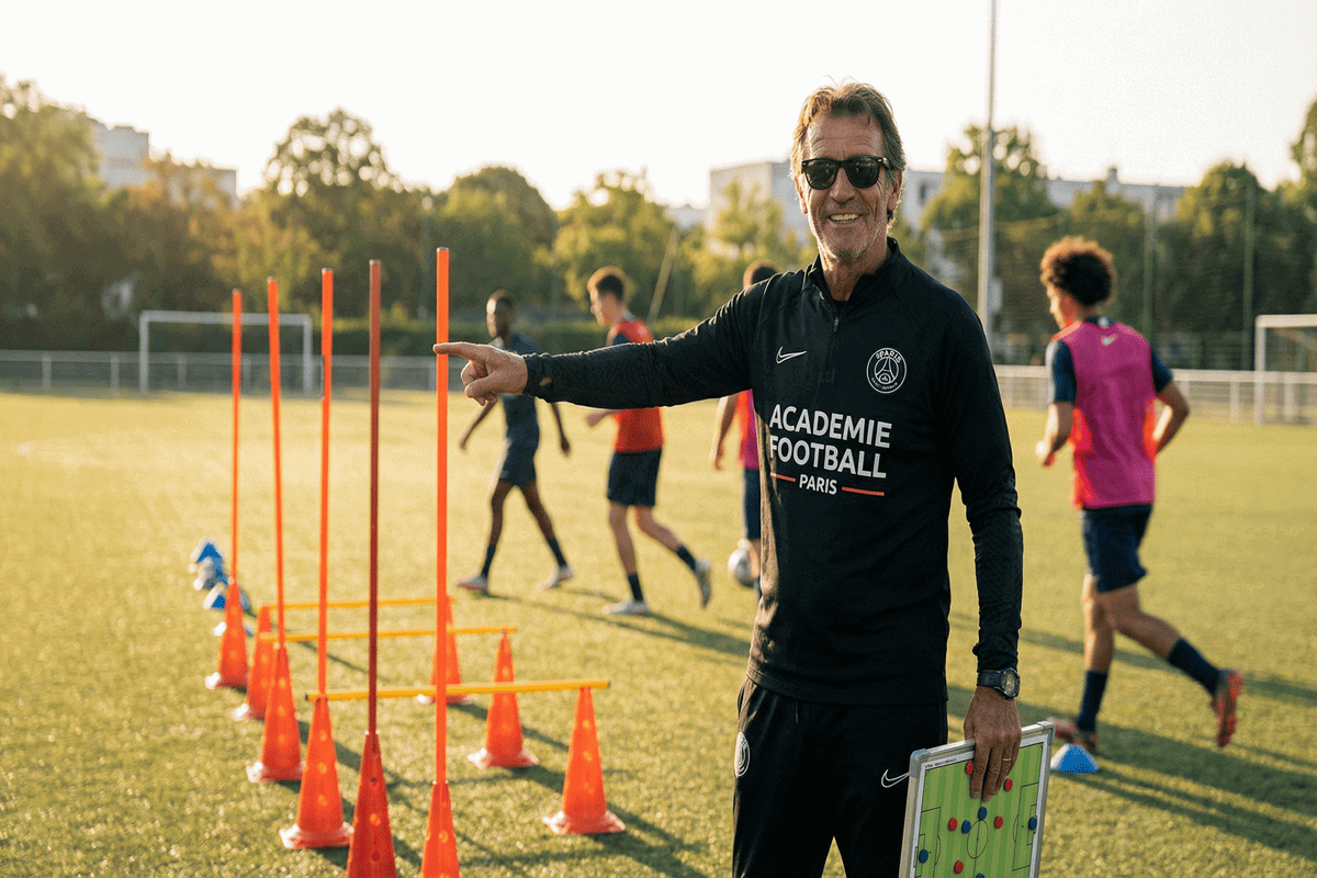 Coach de football expliquant un exercice de placement tactique sur le terrain.