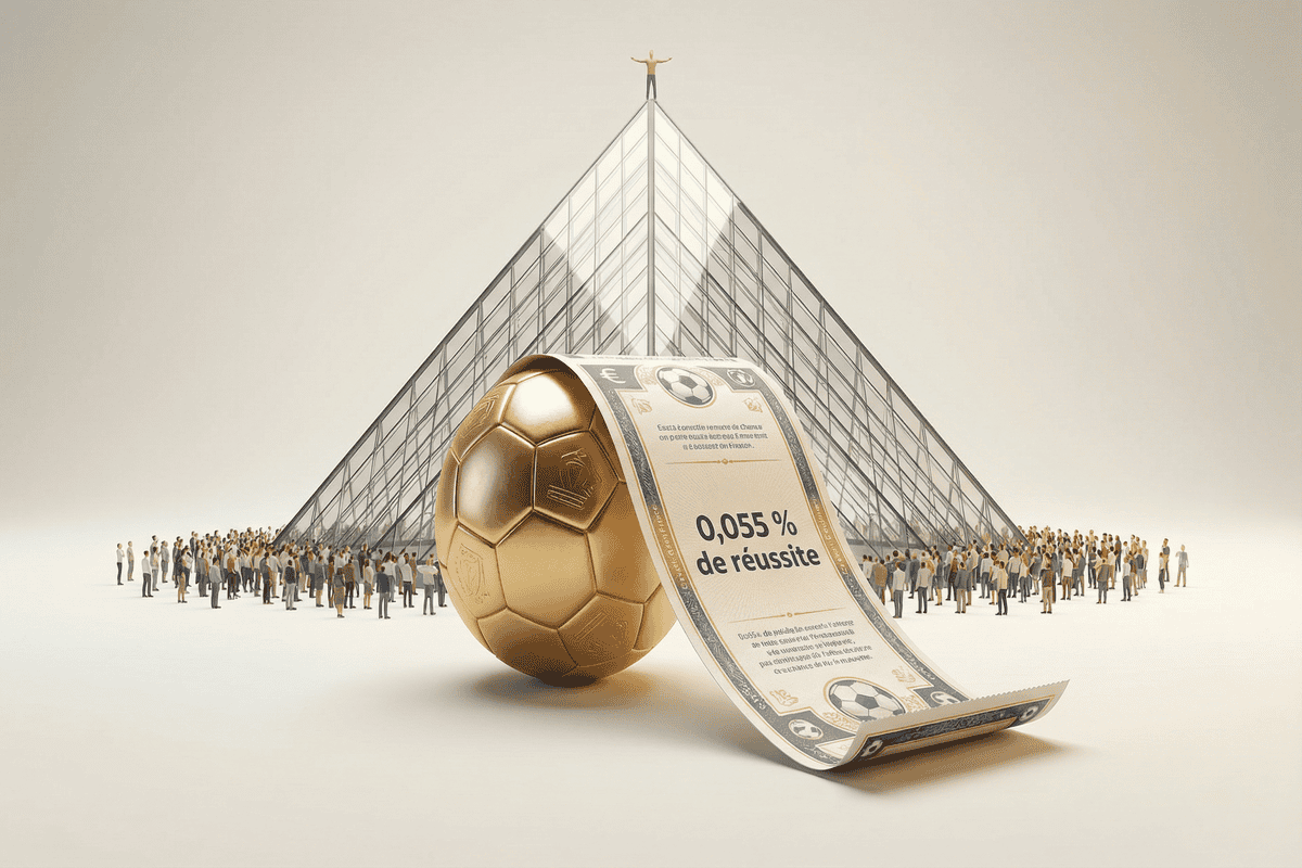 Illustration d'un ballon d'or se transformant en ticket de loto devant une pyramide de réussite.