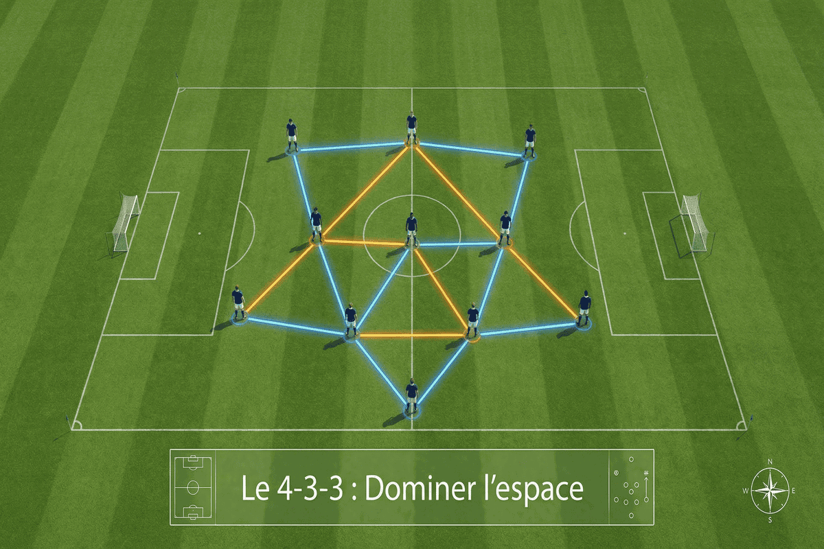 Schéma tactique du système 4-3-3 montrant les triangles de passes au milieu de terrain.