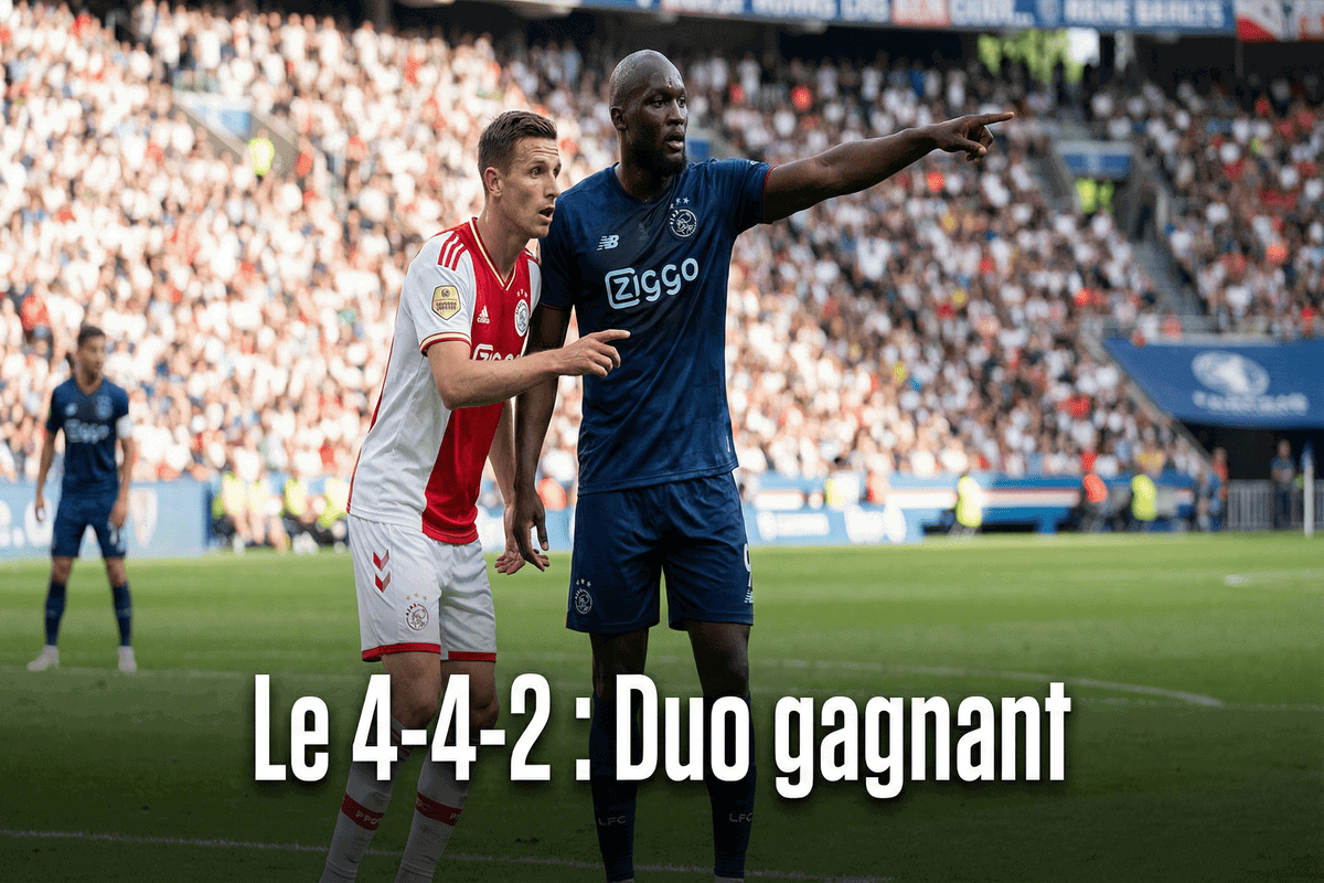 Duo d'attaquants complémentaires (pivot et finisseur) dans un système 4-4-2 classique.