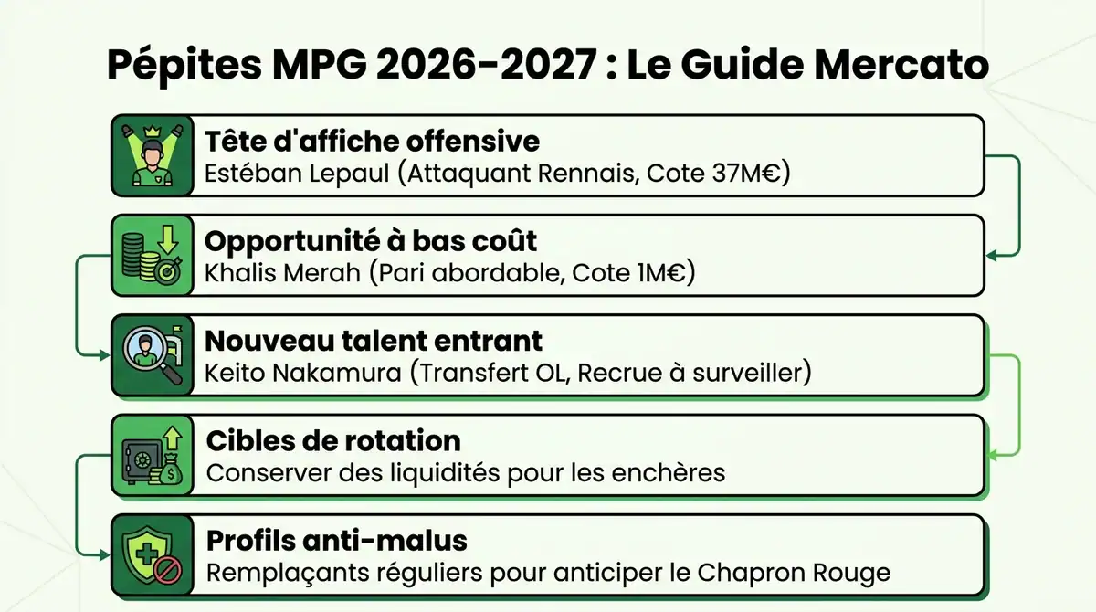 Infographie présentant les pépites et cibles du mercato MPG 2026-2027 avec cotes et profils clés.