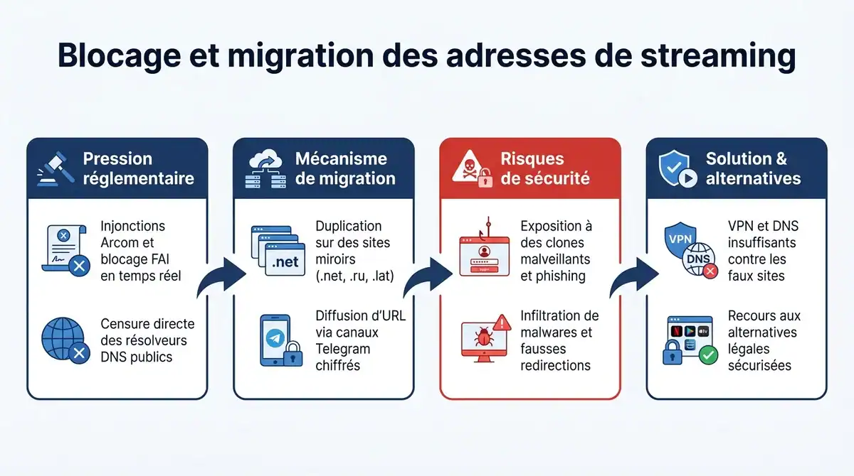 Infographie expliquant le blocage Arcom, la migration de domaines Streamonsport et les risques de cybersecurite.