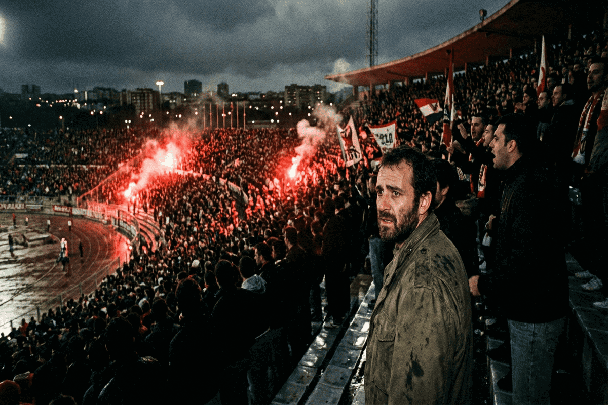 Scène de la série Salvador sur Netflix montrant l'ambiance tendue des ultras dans un stade de Madrid.