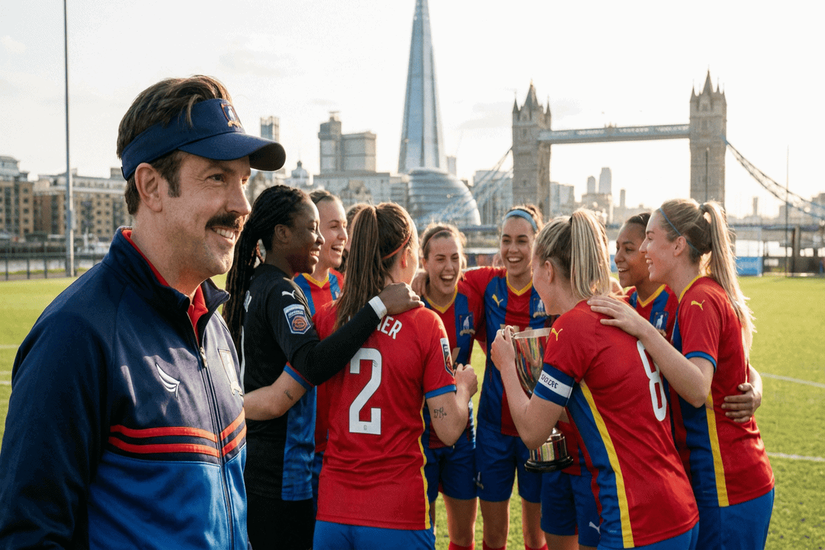 Scène de la saison 4 de Ted Lasso montrant l'entraînement d'une équipe féminine de football à Richmond.