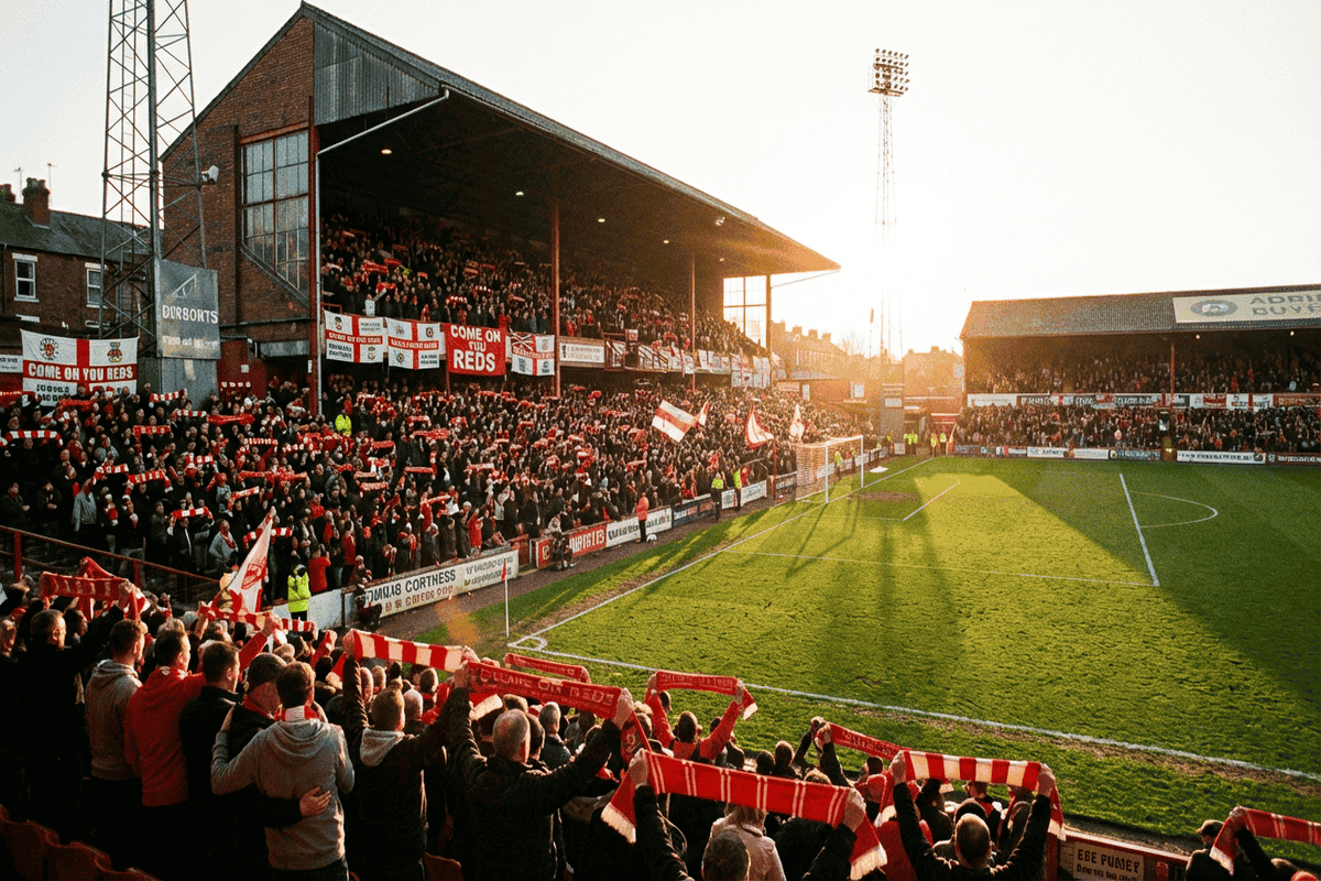 Vue du stade de Wrexham en 2026 célébrant l'accession du club en deuxième division anglaise.
