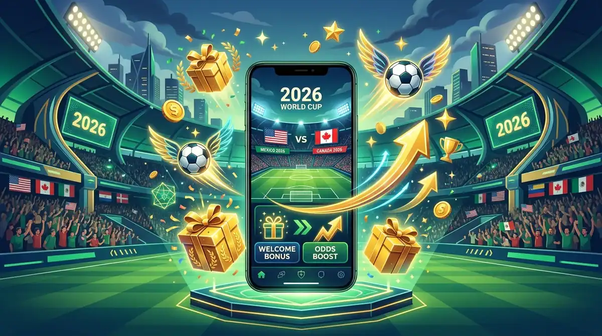 Bonus de paris sportifs Coupe du Monde 2026 : smartphone et cadeaux dans un stade de foot futuriste.