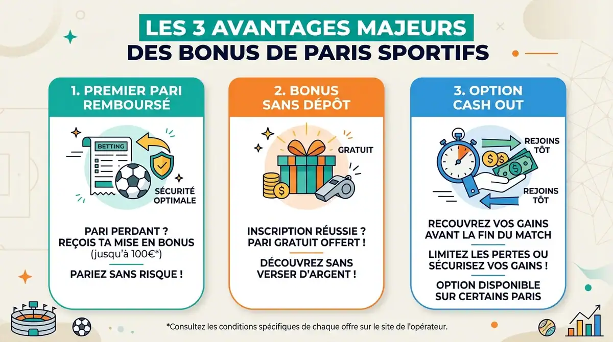 Infographie bonus paris sportifs Coupe du Monde 2026 : pari remboursé, bonus sans dépôt et cash out.