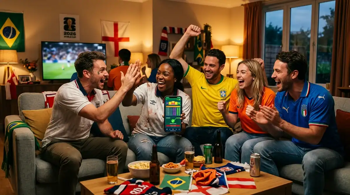 Fans de foot fêtant un pari gagnant sur smartphone pendant la Coupe du Monde 2026.