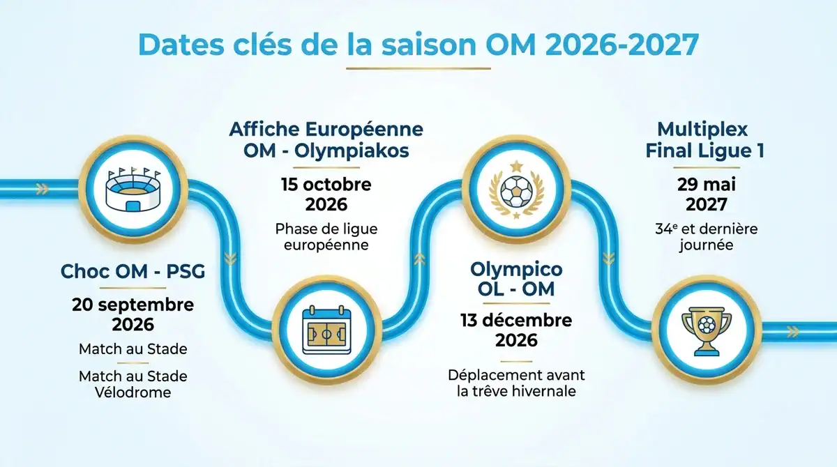 Infographie chronologique présentant les dates clés et grands matchs de l'OM pour la saison 2026-2027.