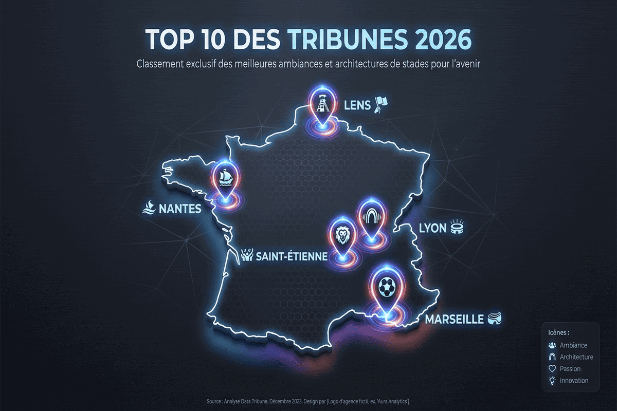 Carte de France localisant les 10 tribunes les plus chaudes en 2026.