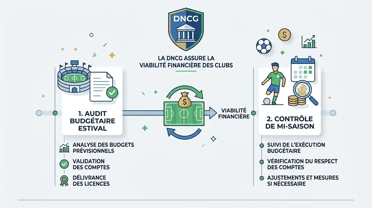 Infographie des contrôles DNCG : audit budgétaire estival et suivi de mi-saison pour la viabilité des clubs.