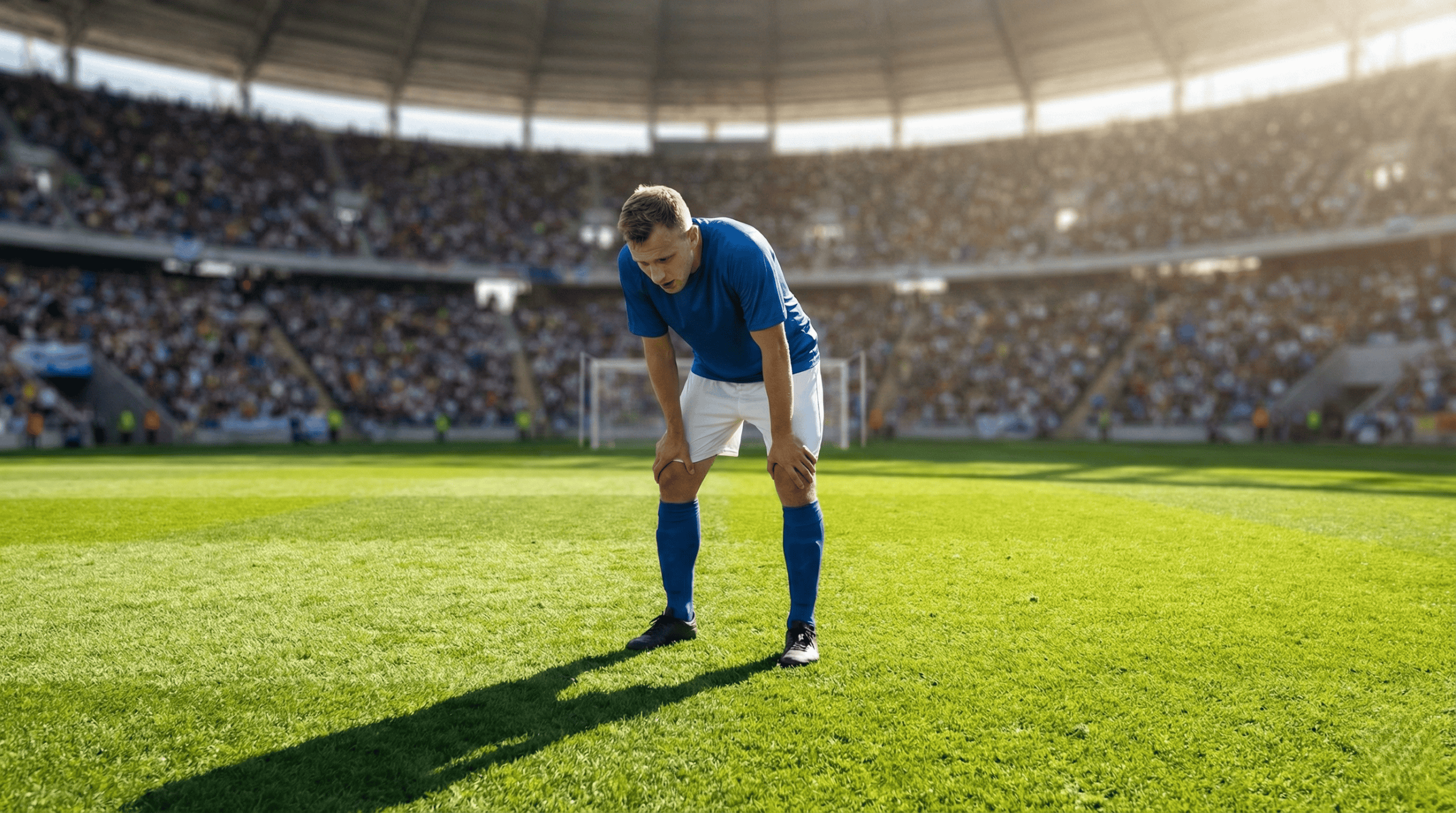 Footballeur épuisé sur le terrain souffrant d'hypoglycémie réactionnelle et de fatigue musculaire.