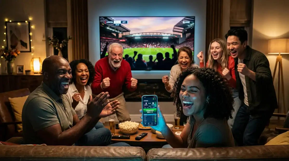 Amis jouant à Mon Petit Prono 2026 sur smartphone devant un match de football, ambiance de ligue entre proches.