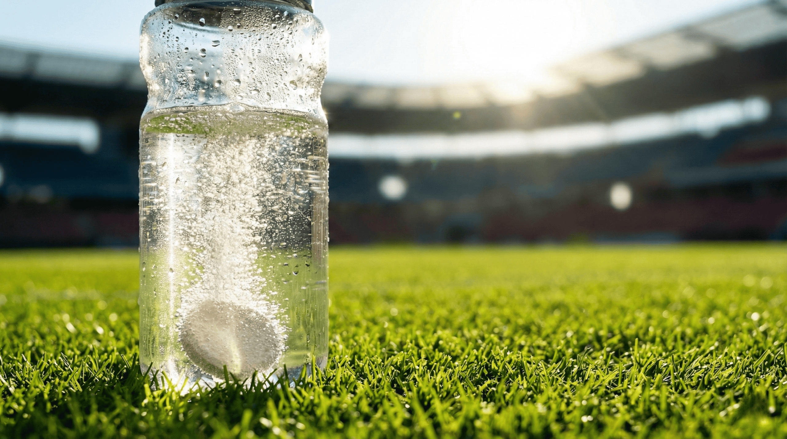 Gourde de sport sur la pelouse contenant une boisson d'hydratation riche en électrolytes.