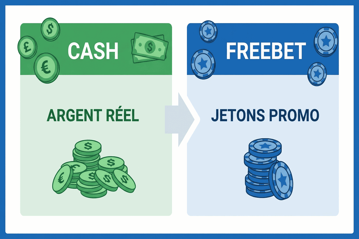 Infographie expliquant la différence entre un bonus en cash et en freebets.