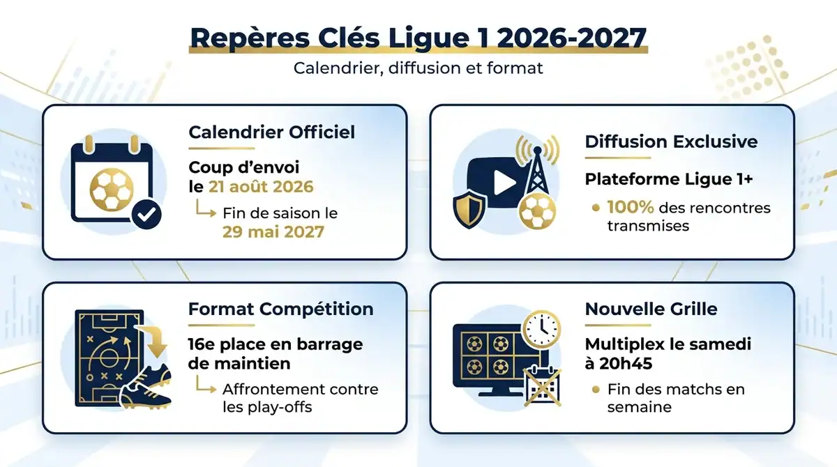 Infographie résumant le calendrier, le diffuseur Ligue 1+ et le format de la saison Ligue 1 2026-2027.