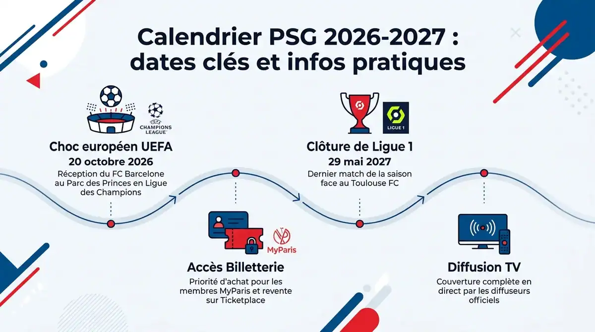 Infographie du calendrier du PSG 2026-2027 avec les dates clés de Ligue 1, Ligue des Champions, billetterie et diffusion TV.