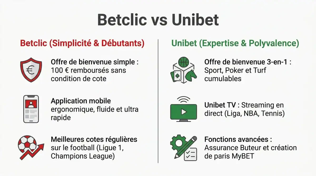 Infographie comparative entre Betclic et Unibet : bonus, streaming, cotes et fonctionnalités pour choisir son bookmaker.