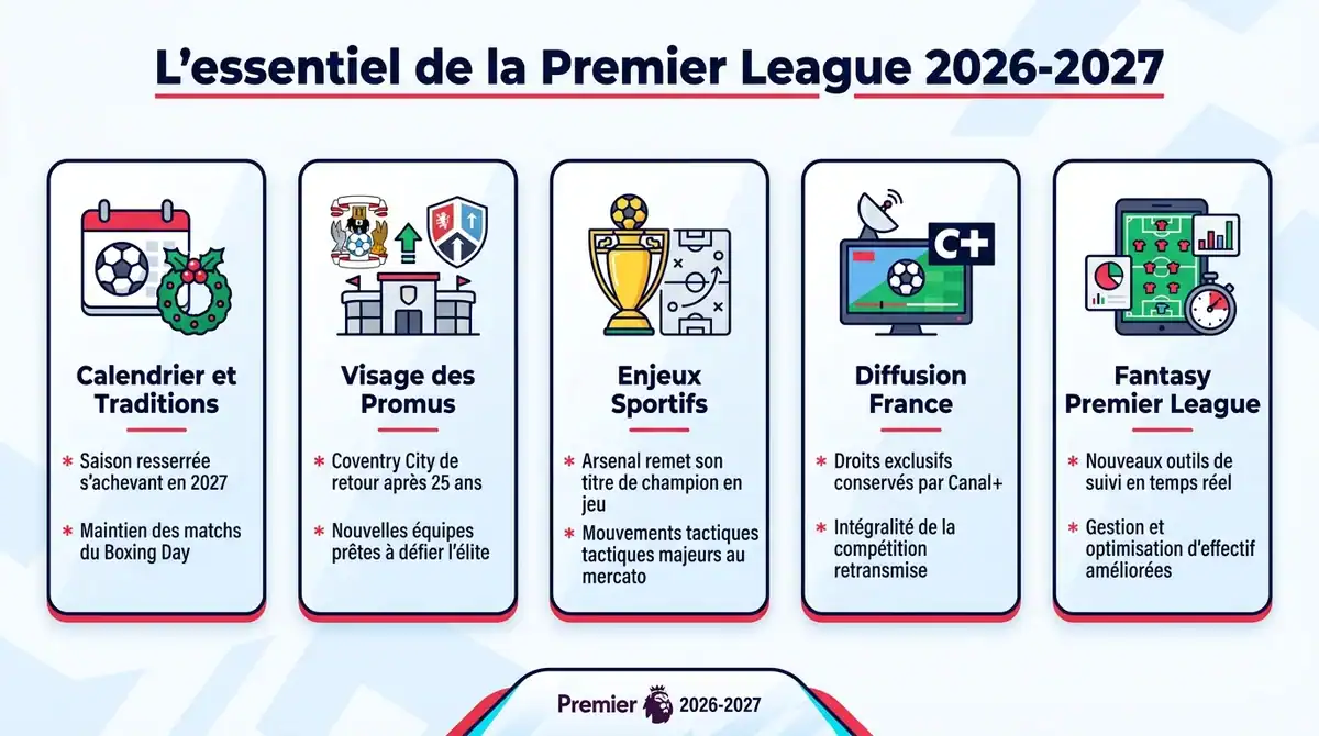 Infographie résumant les points clés de la Premier League 2026-2027 : calendrier, promus, diffusion Canal+ et FPL.