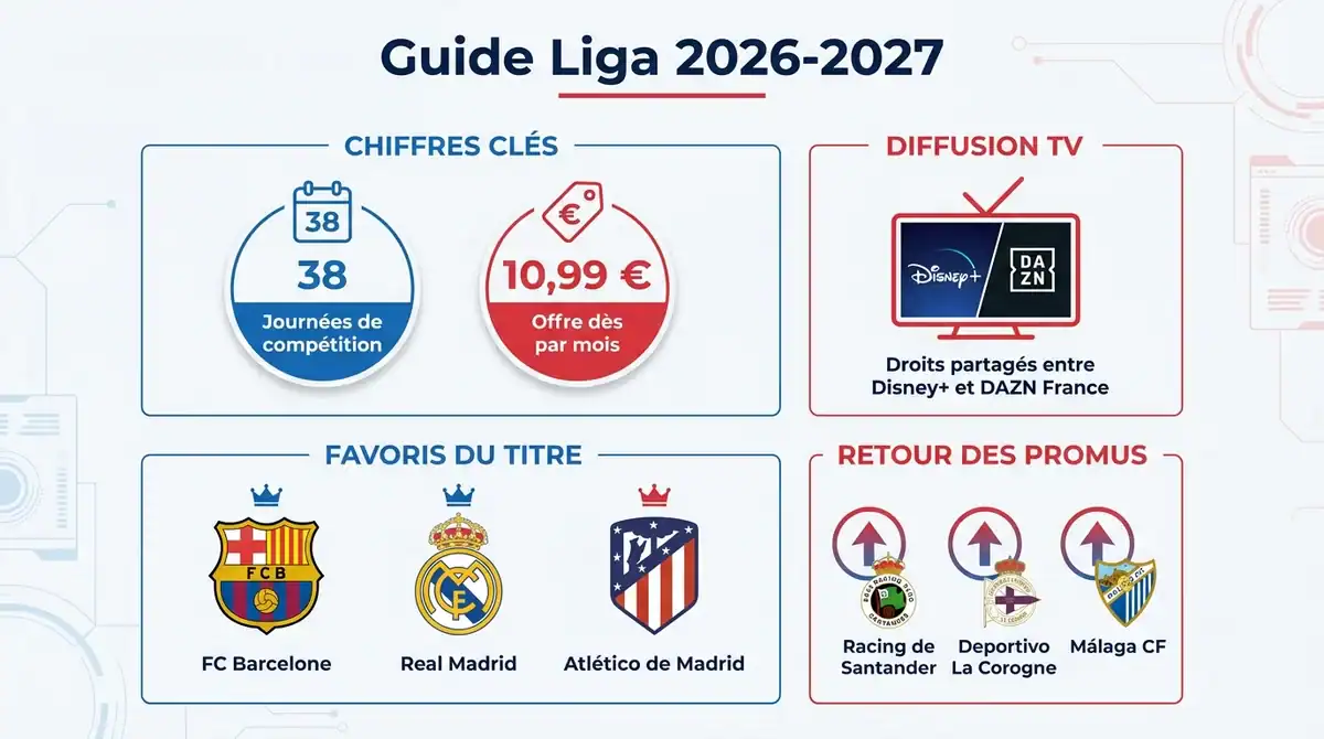 Infographie résumé de la saison LaLiga 2026-2027 : diffusion TV, favoris et clubs promus.