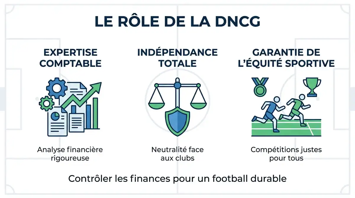 Infographie sur le rôle de la DNCG : expertise comptable, indépendance et équité sportive du football français.