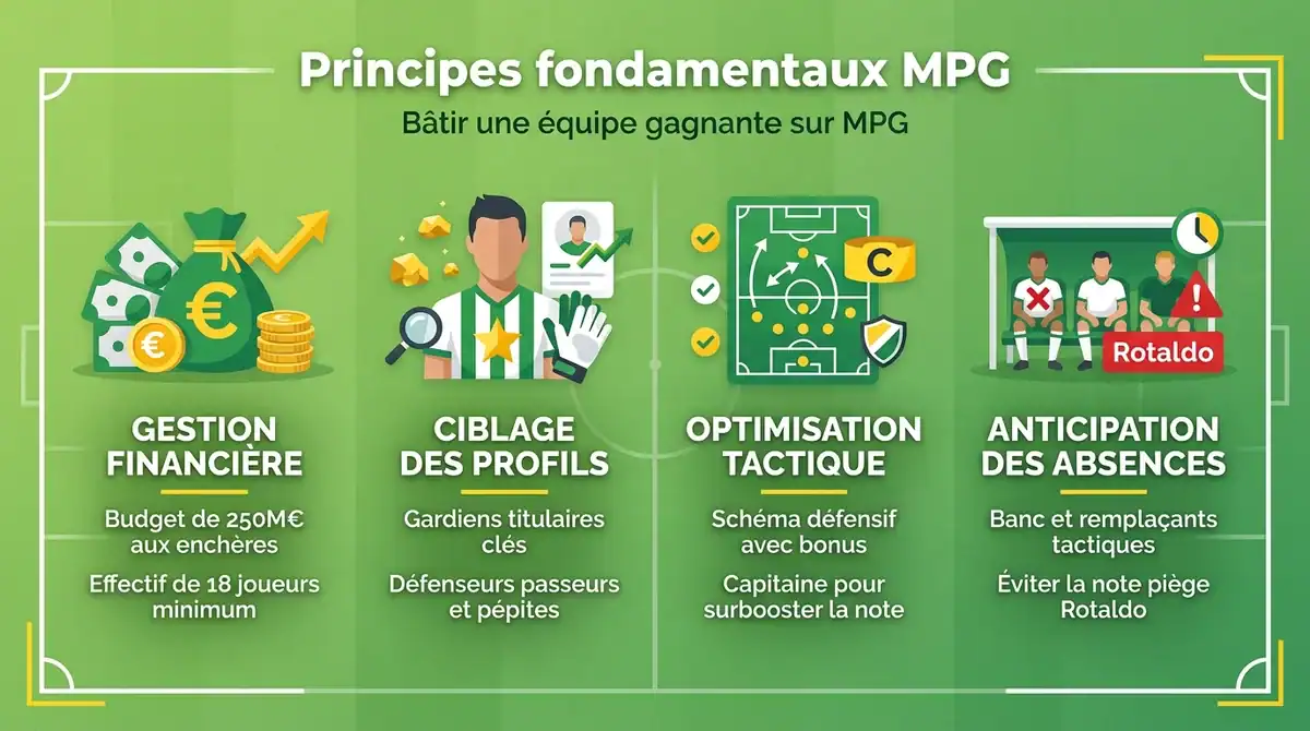Infographie des 4 piliers stratégiques pour bâtir une équipe gagnante sur MPG : budget, cibles, tactique et banc.
