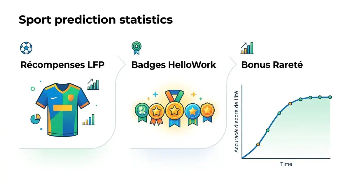 Infographie des nouveautés Mon Petit Prono 2026-2027 : récompenses LFP, badges HelloWork et bonus rareté.