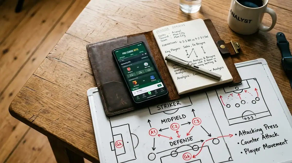 Smartphone avec application Mon Petit Prono et carnet tactique pour analyser les ligues de la saison 2026-2027
