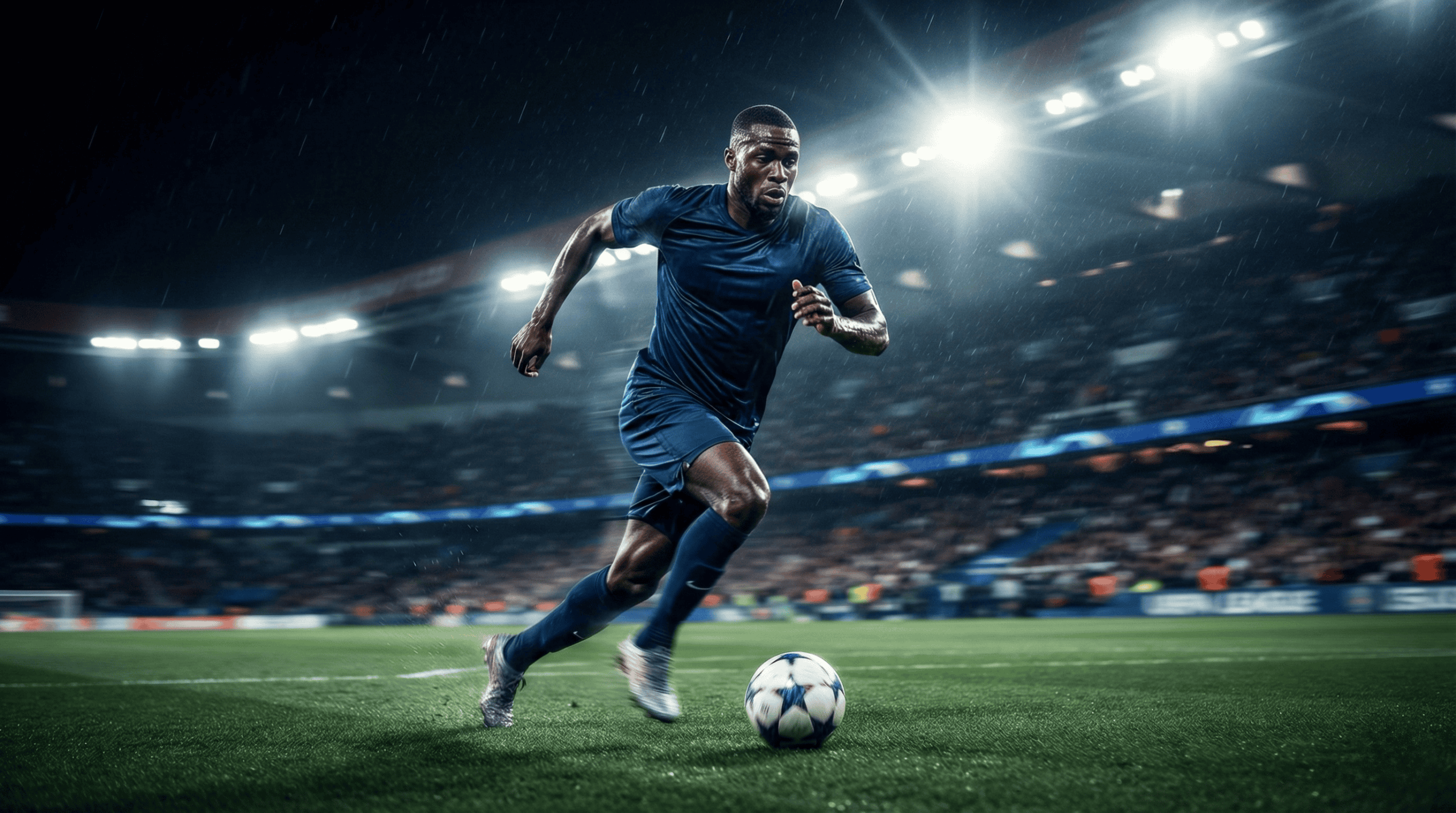 Joueur de football en plein sprint démontrant une condition physique optimale.