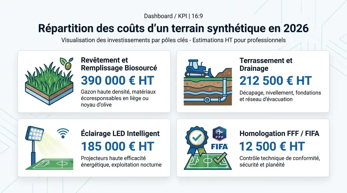 Infographie synthétique sur le coût détaillé des lots techniques pour la construction d'un terrain de football en 2026.