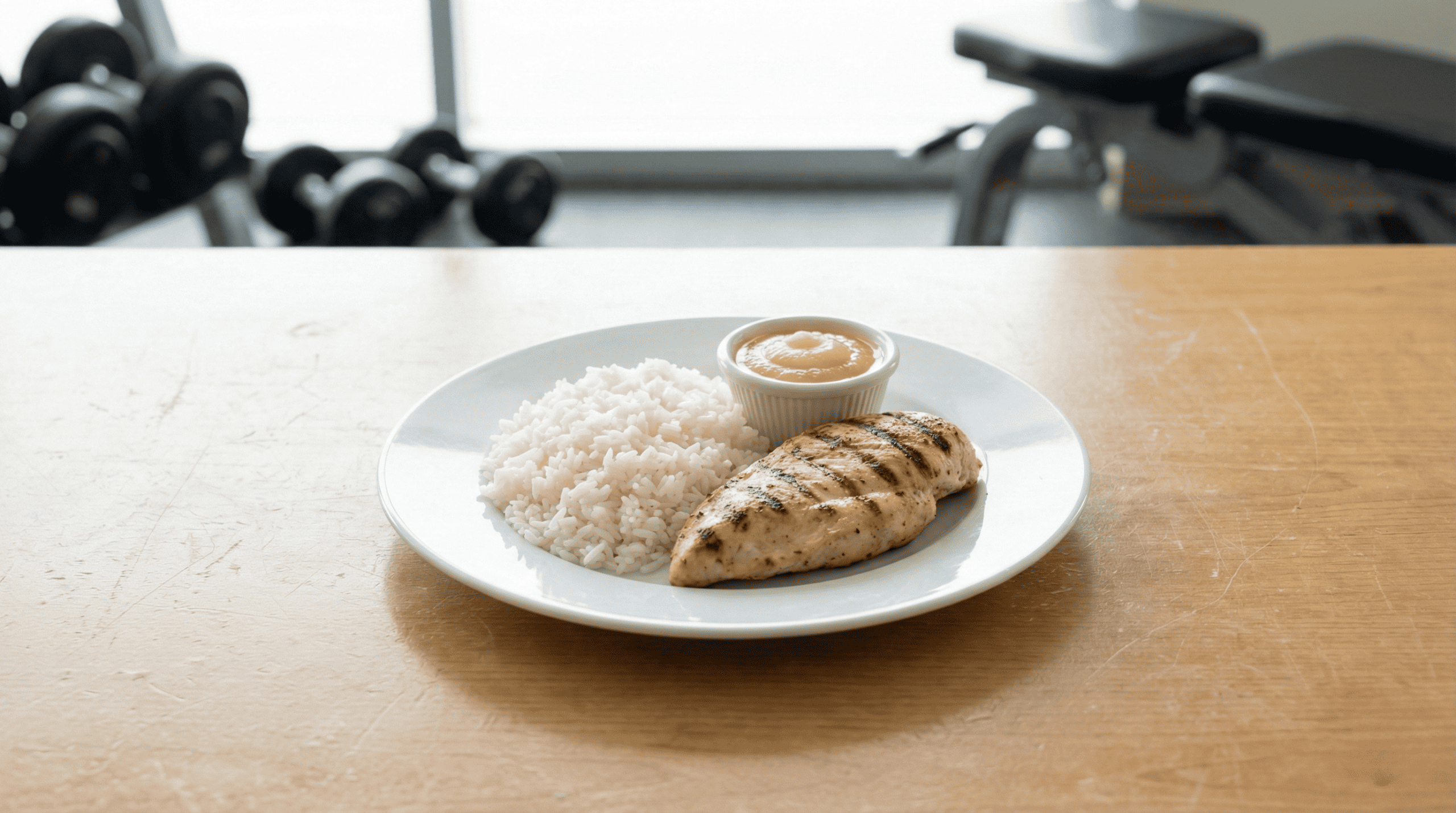 Assiette de repas pré-compétition idéale avec riz blanc et poulet grillé pour une digestion facile.