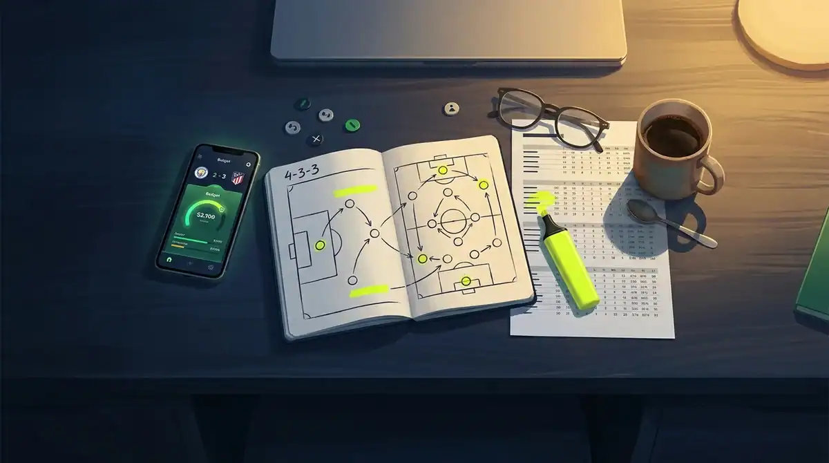 Bureau sombre avec smartphone et carnet pour la tactique MPG : préparation stratégique d'une équipe gagnante en 2026-2027