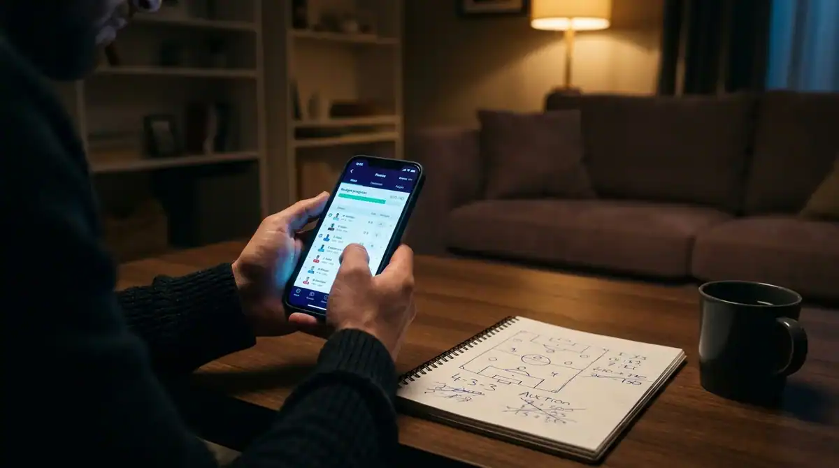 Un homme préparant sa stratégie de mercato pour la saison MPG 2026-2027 sur son smartphone dans une ambiance tamisée.