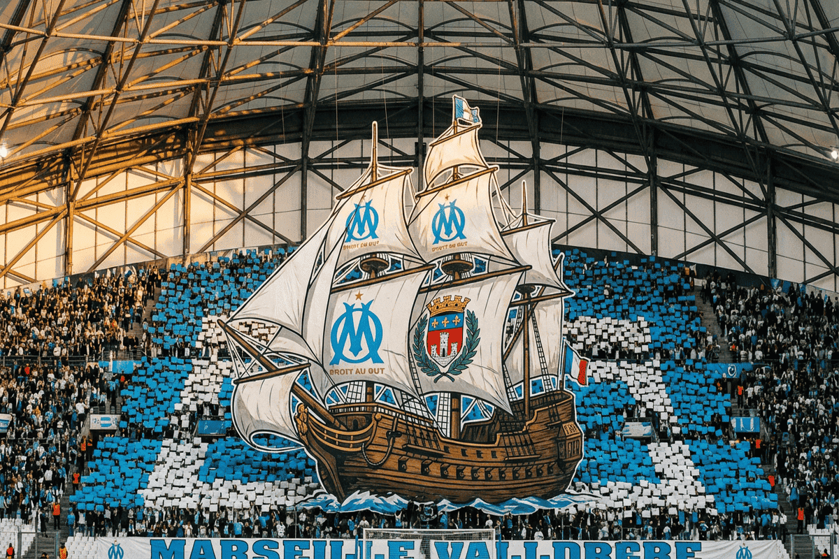 Tifo 3D monumental au Virage Sud du stade Vélodrome de Marseille.