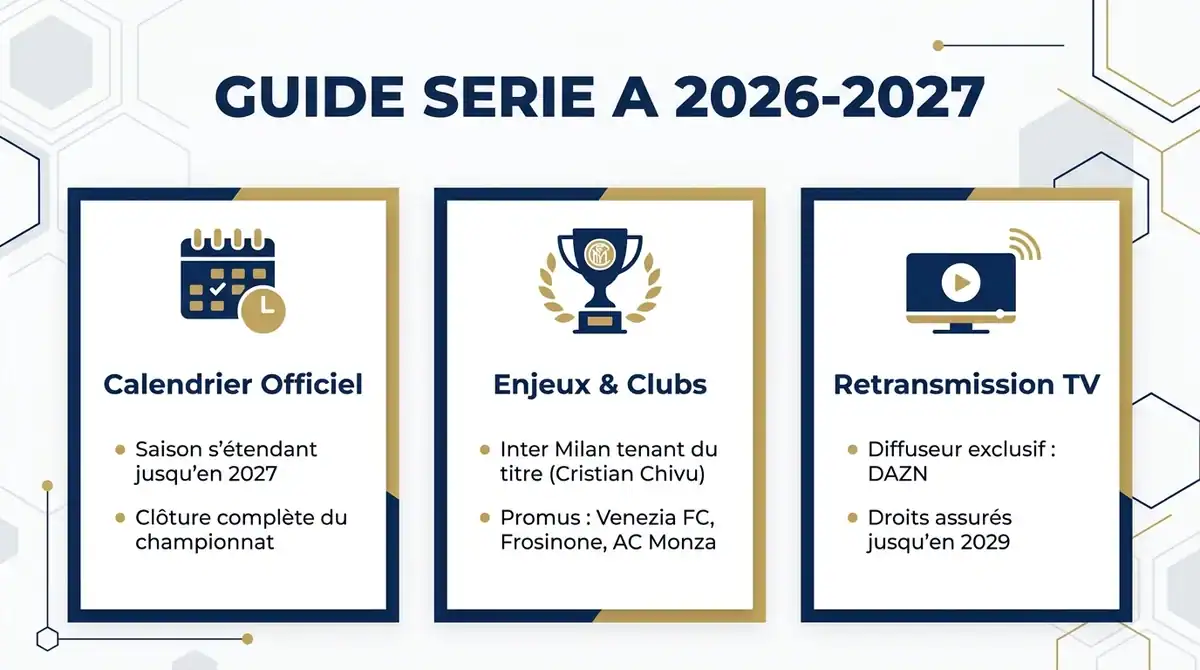 Infographie du guide Serie A 2026-2027 présentant le calendrier, l'Inter Milan et la retransmission sur DAZN.