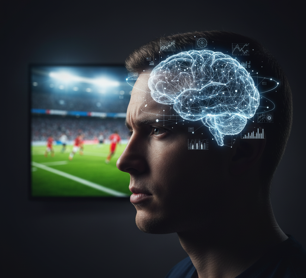 Un parieur concentré analysant un match, symbolisant l'importance de la discipline et de la psychologie dans les paris sportifs