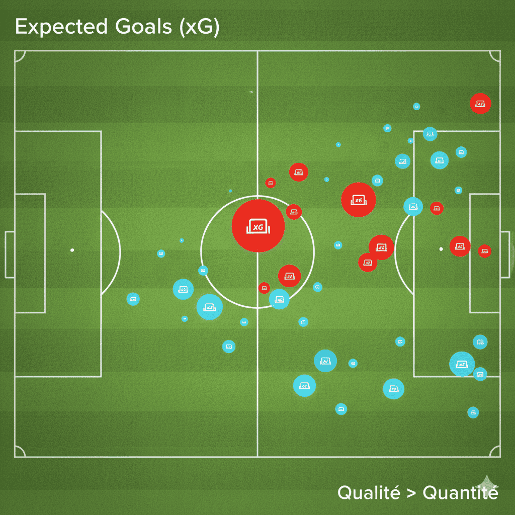 Carte des tirs (shot map) illustrant le concept des Expected Goals (xG) sur un terrain de football.